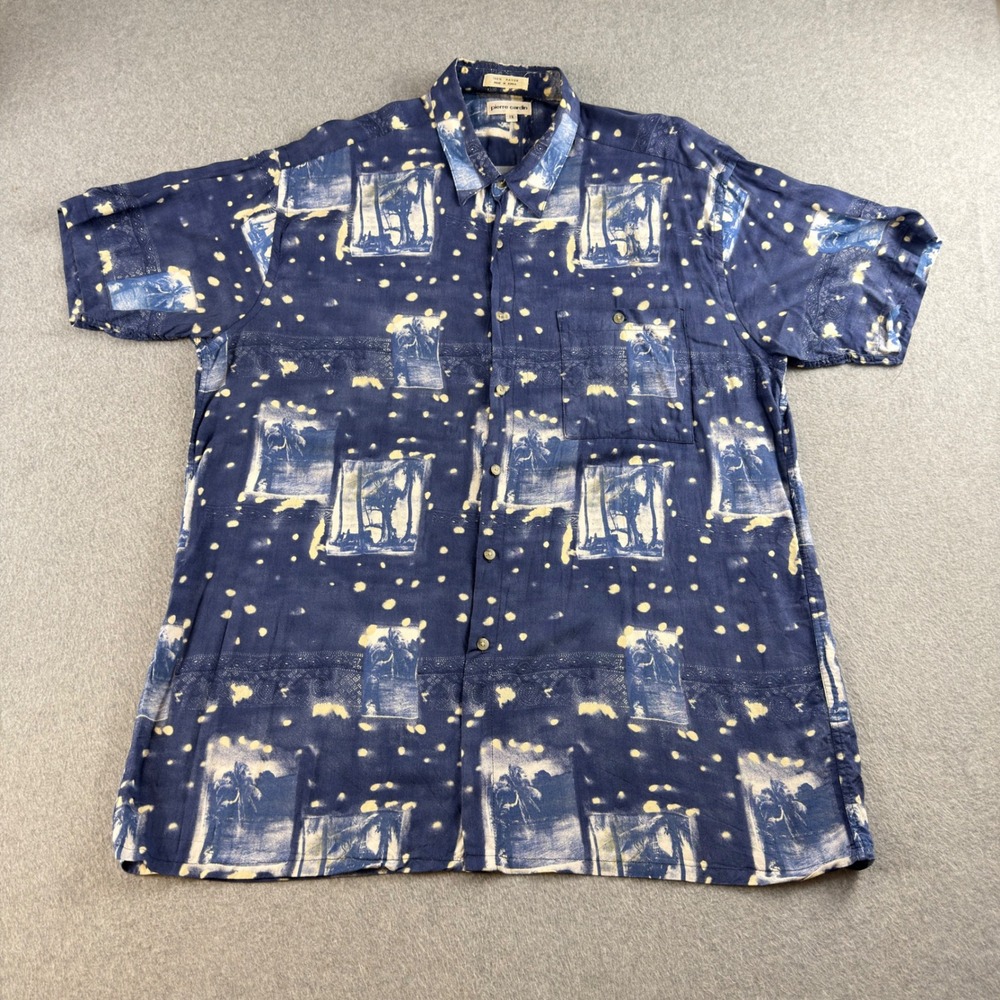 Vintage Pierre Cardin Mens 1X Blue Rayon Palm Tree Short Sleeve Aloha Shirt